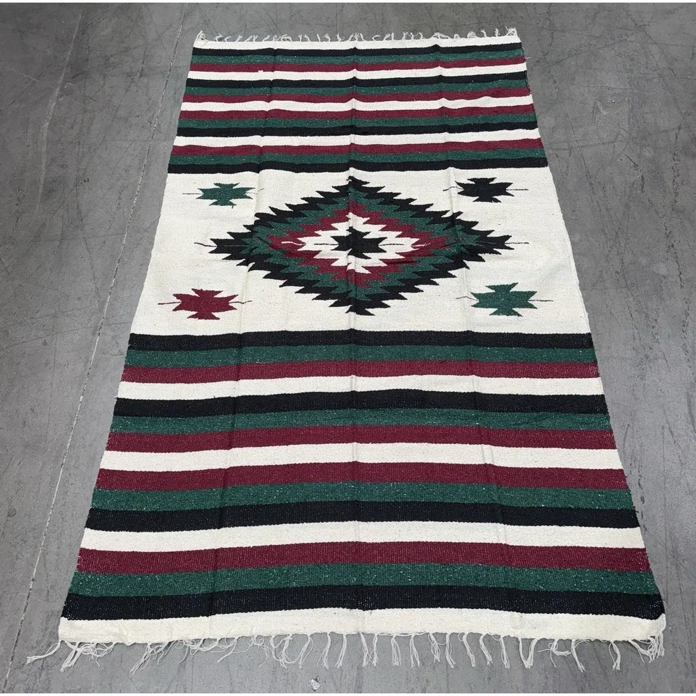 AUTHENTIC Mexican DIAMANTE‎ Blanket Throw Yoga Mat Multi Creme Burgundy Green